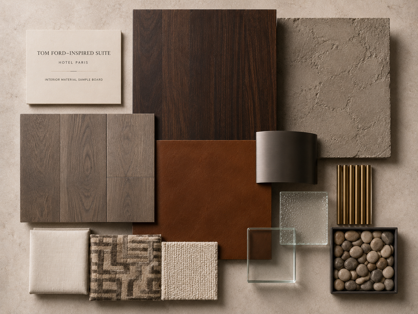Sample board — gravel, beige silk, parquet woods, suede leather, black marble, and unfinished dark wood compose the Tom Ford material gradient